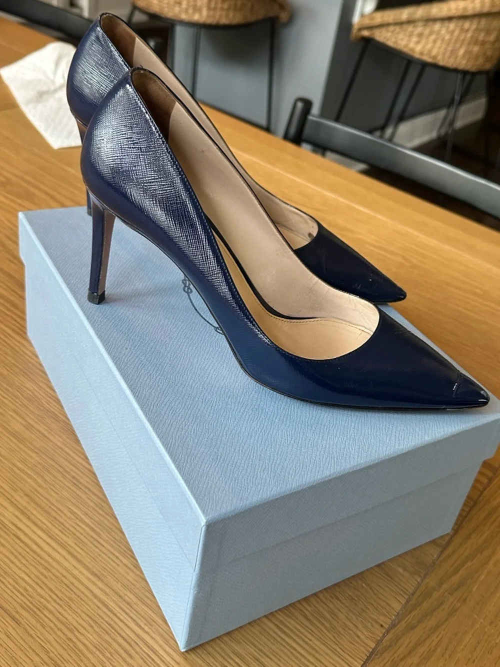 Prada Saffiano Leather Pointed-Toe Pumps.  Navy 38.5 - Picture 2 of 5